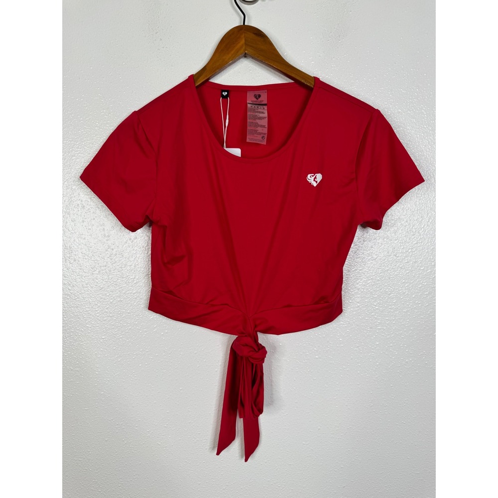 Womens Best True Tie Crop Top Red Short Sleeve Athletic Gym Shirt Large NWT